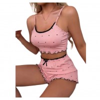 Cozy Chic: Women's V-Neck Lace Pajama Set with Printed Halter Shorts