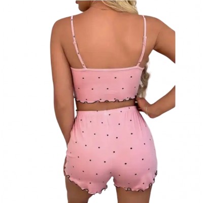 Cozy Chic: Women's V-Neck Lace Pajama Set with Printed Halter Shorts