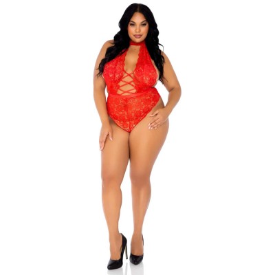 Leg Avenue Floral Lace Crotchless Teddy Red UK 18 to 22